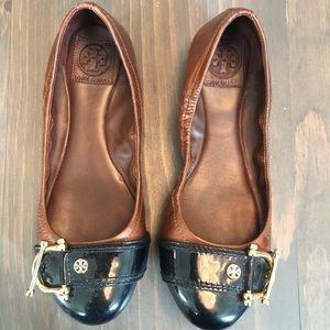 Tory Burch flats. Brown leather, blue patent toe